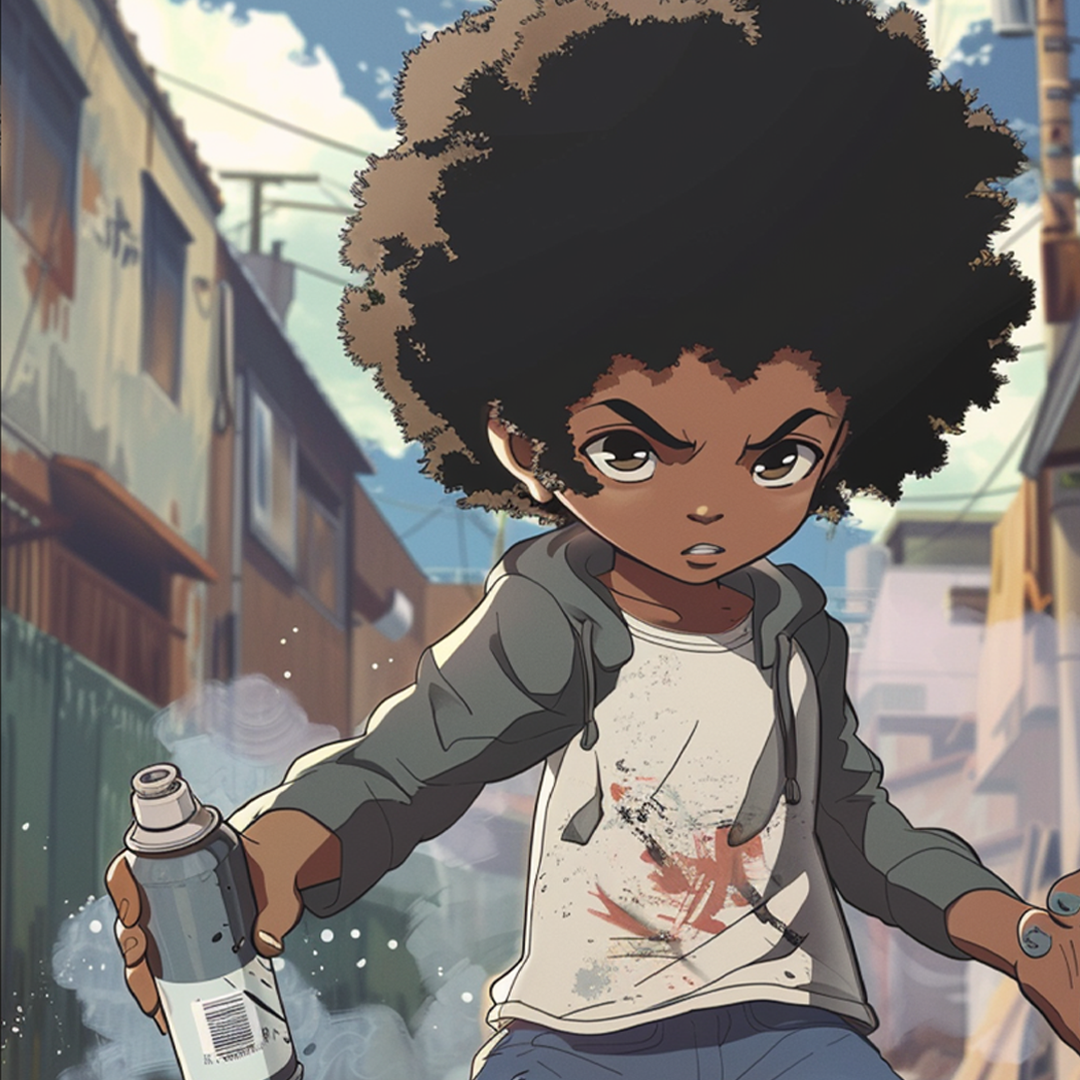 an animated young black teen with an afro holding a spray can in an alley way covered in graffiti