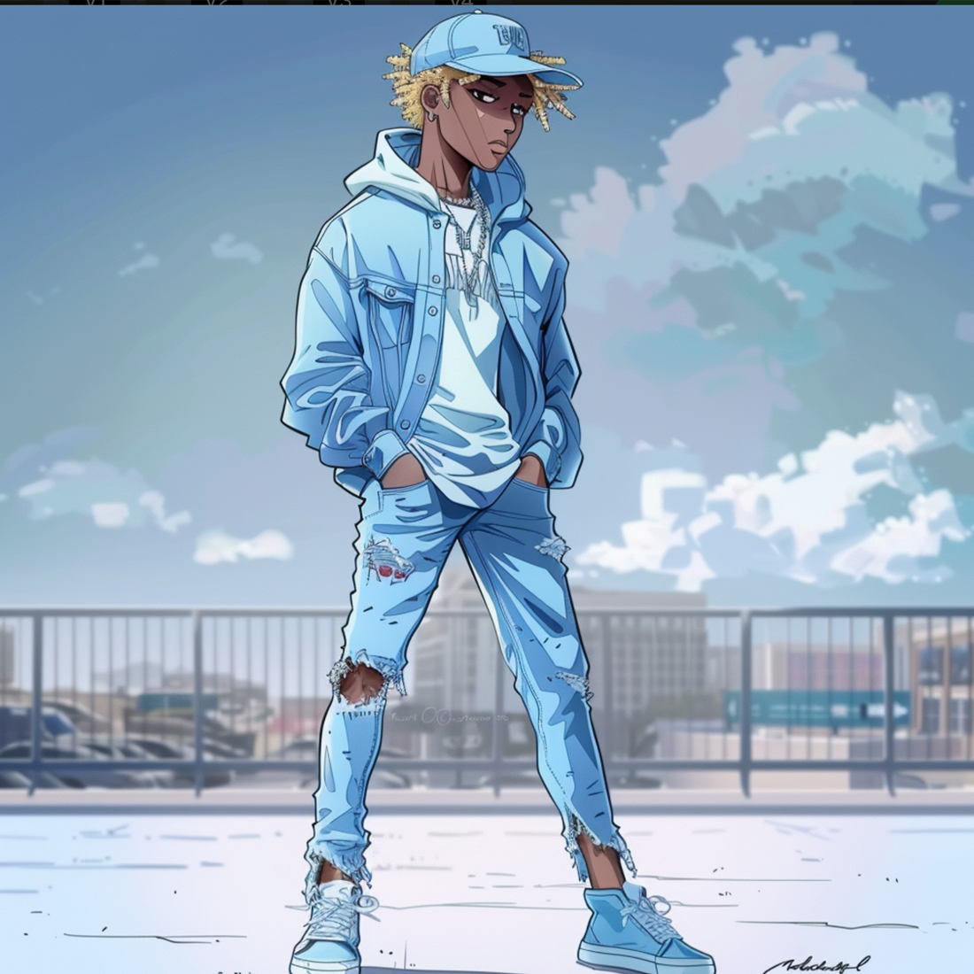 animated young black man with blonde braids in a carolina blue denim suit