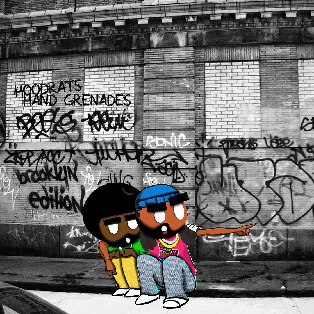 two animated teens in color sitting on the sidewalk with a black and white background