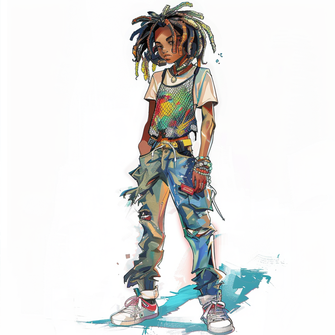 an animated young black jamaican teen wearing graffiti inspired clothing