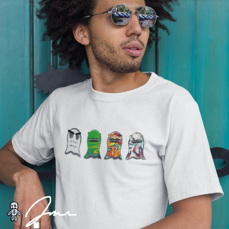 a man modeling a white ghost t shirt against a teal 