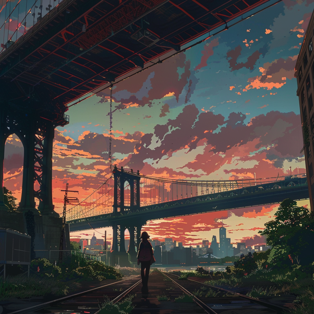 an animtaed picture of the brooklyn bridge in a distopian future with a little boy walking under it 