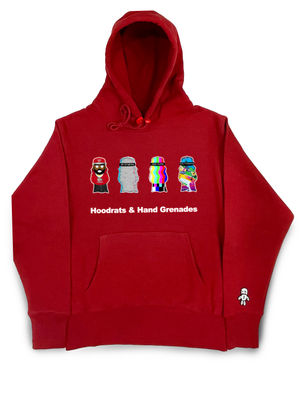 Quincy’s Tune Out the Static  Red Hoodie with public broadcast and gritty static graphics overlaid with vibrant graffiti. Made from pre-washed fabric with precision flatlock seams, cross-grain cut panels, ribbed side panels, and a form-fitted three-piece hood, symbolizing the journey from societal noise to personal clarity.